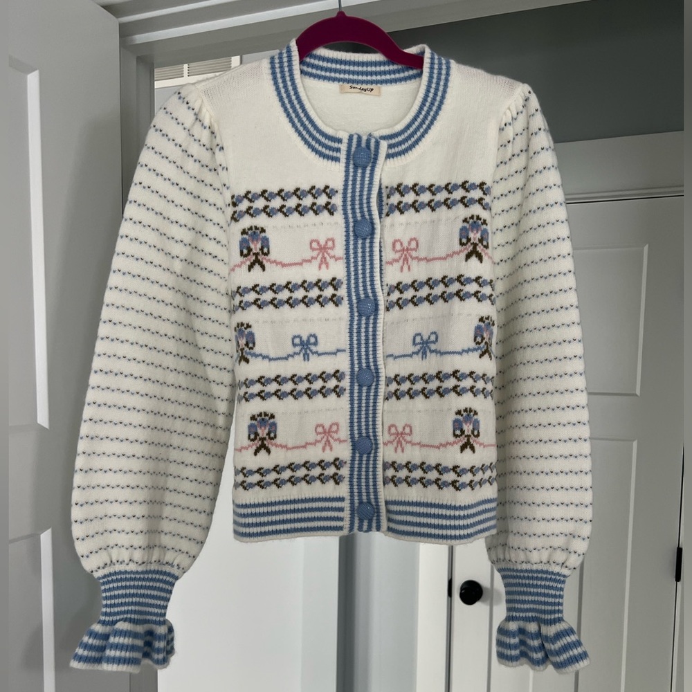 Sunday Up Bow Pink and Blue Cardigan Sweater